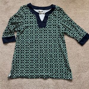 Charter club navy green white Geometric Patterned Tunic Top 0x